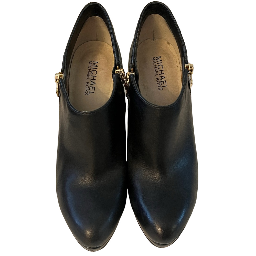 Michael Kors Black Leather Ankle Bootie Womens Size 8 Zip Block Heel Comfort